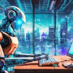 Image of an artificial intelligence writing a niched in blog in a futuristic city setting