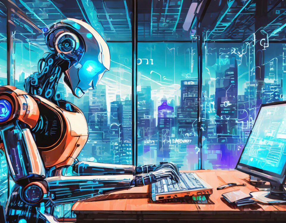 Image of an artificial intelligence writing a niched in blog in a futuristic city setting