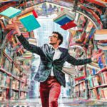 Male juggling books in a fantasy old english library