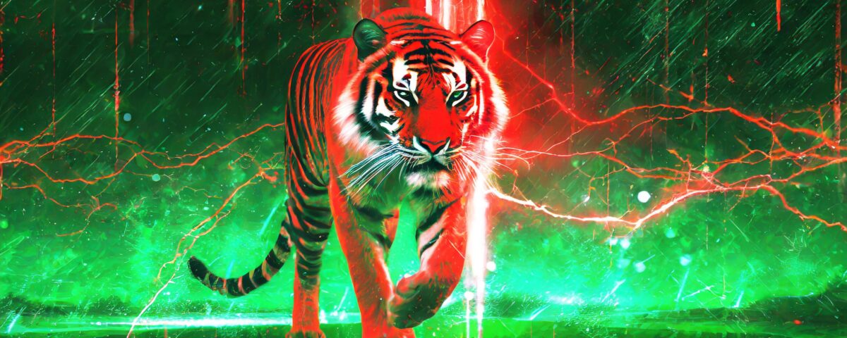 Red Tiger in a modern green glowing scene with red lightning