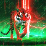 Red Tiger in a modern green glowing scene with red lightning